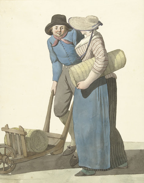 Vrouw naast een man met een kruiwagen 1700   1800