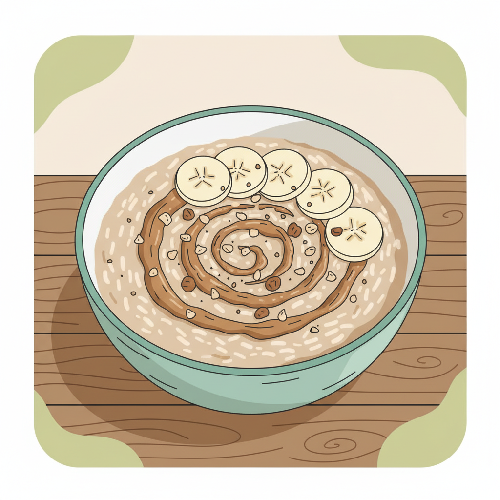 Nahaufnahme eines kaloriendichten veganen Porridge mit Hafer, Nussbutter, Bananenscheiben und gehackten Nüssen auf rustikalem Holztisch – Ernährungsplan Gewichtszunahme