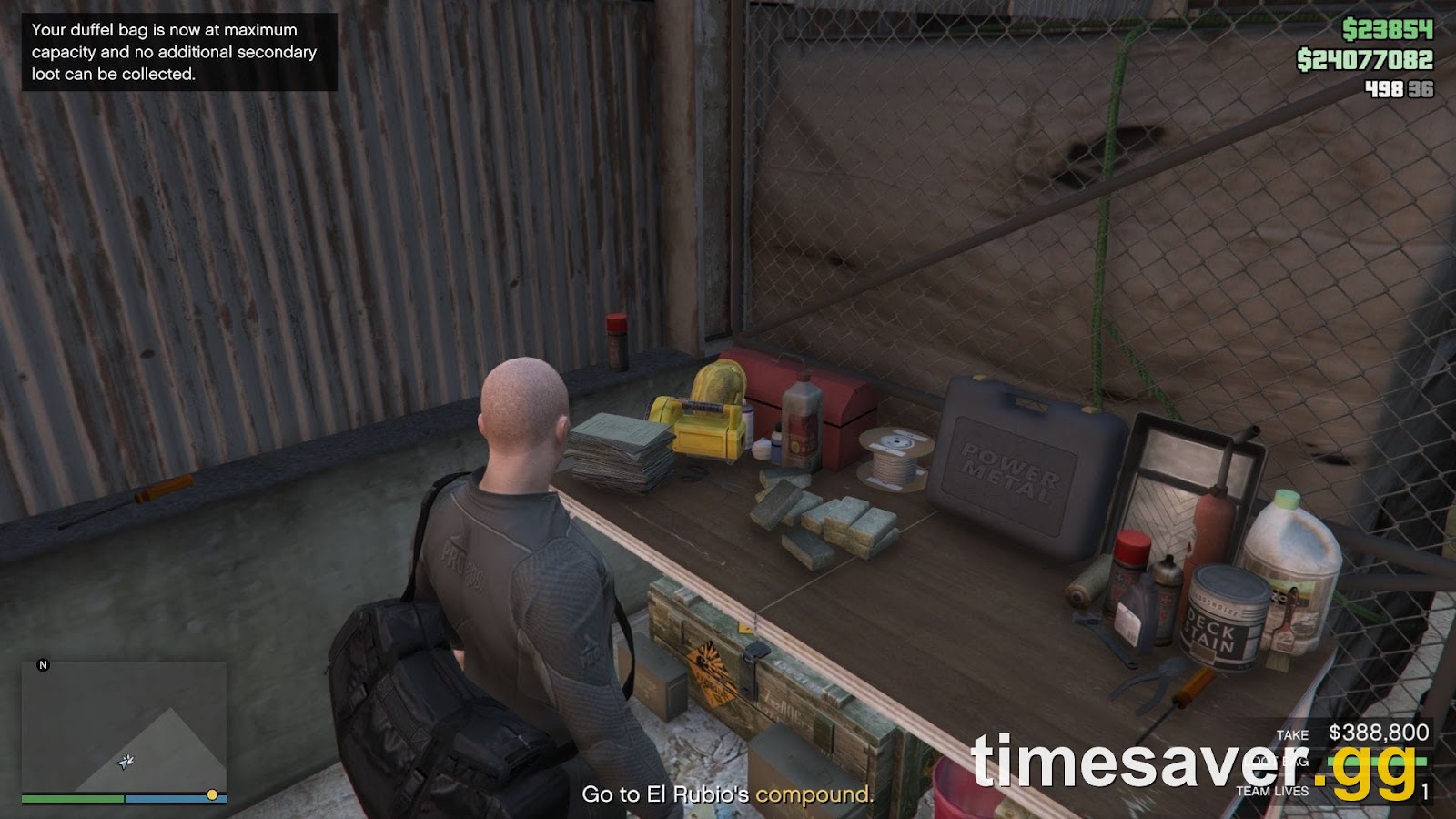 The GTA Online on-screen message reading 'Your duffel bag is now at maximum capacity and no additional secondary loot can be collected', with a Cayo Perico take of GTA$388,800