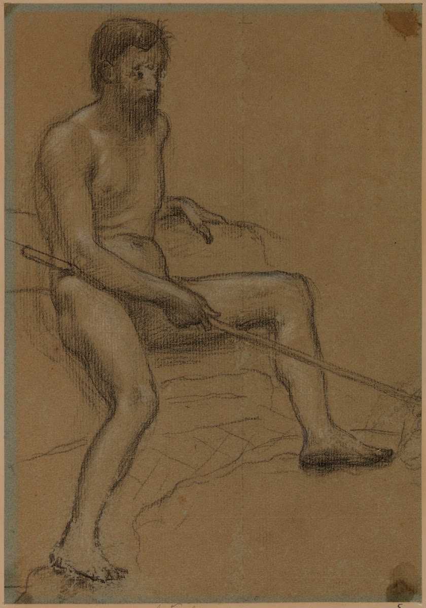Homme nu assis tenant un bâton dans la main droite 1886 1889