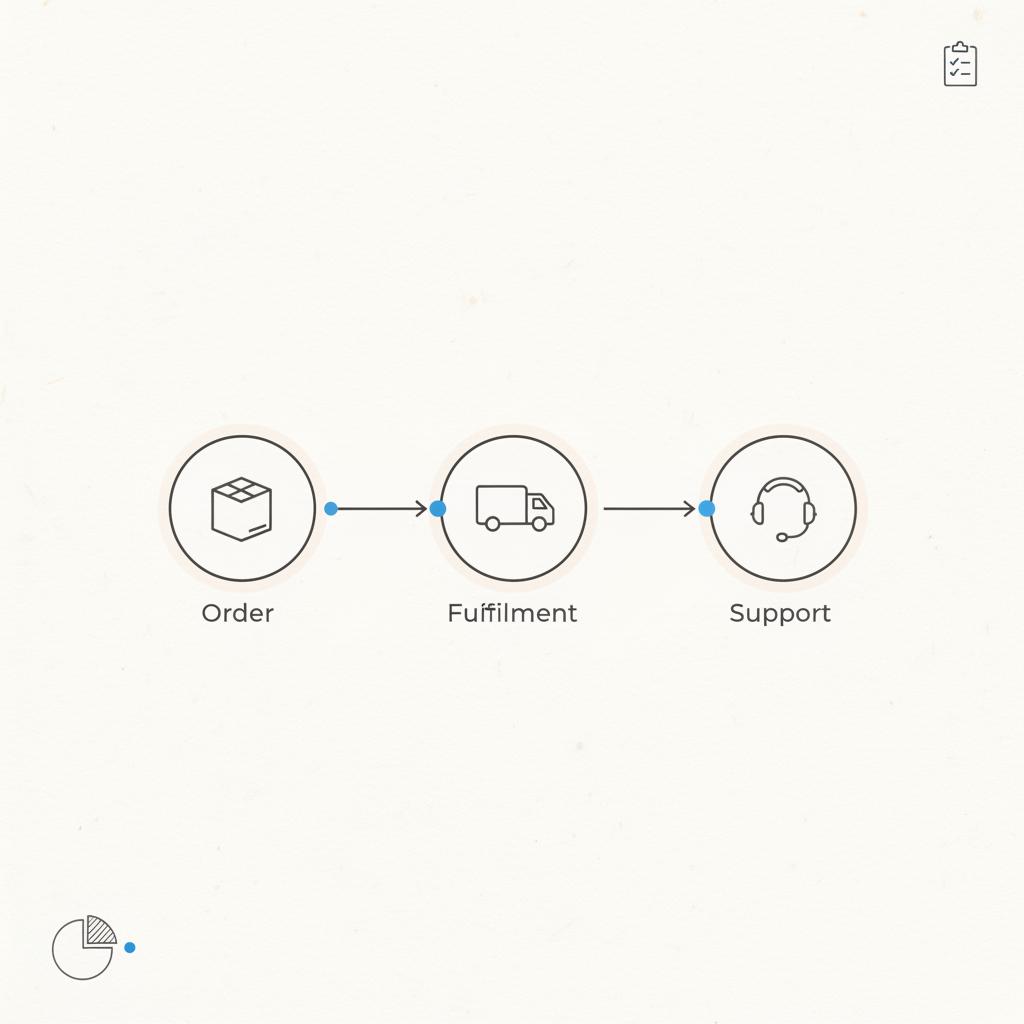 Minimal 2D vector flowchart for small business on Google: three icons (order box, delivery truck, headset) connected by arrows in #39383f with #1a5bfb accent dots on white.