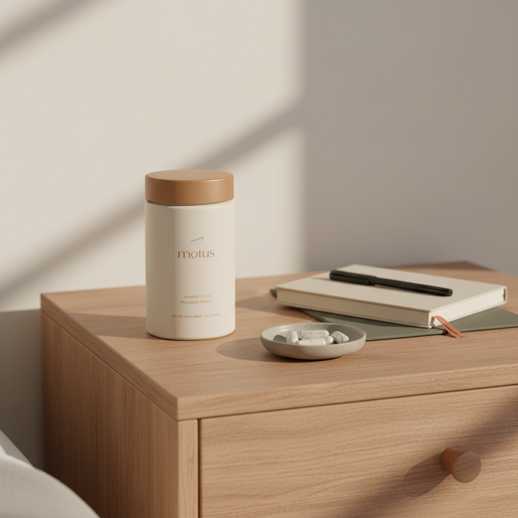 Close-up of Motus supplement bottle on a wooden bedside table with journal, pen, and dish of capsules in Tonum colors — which pill is best for weight loss