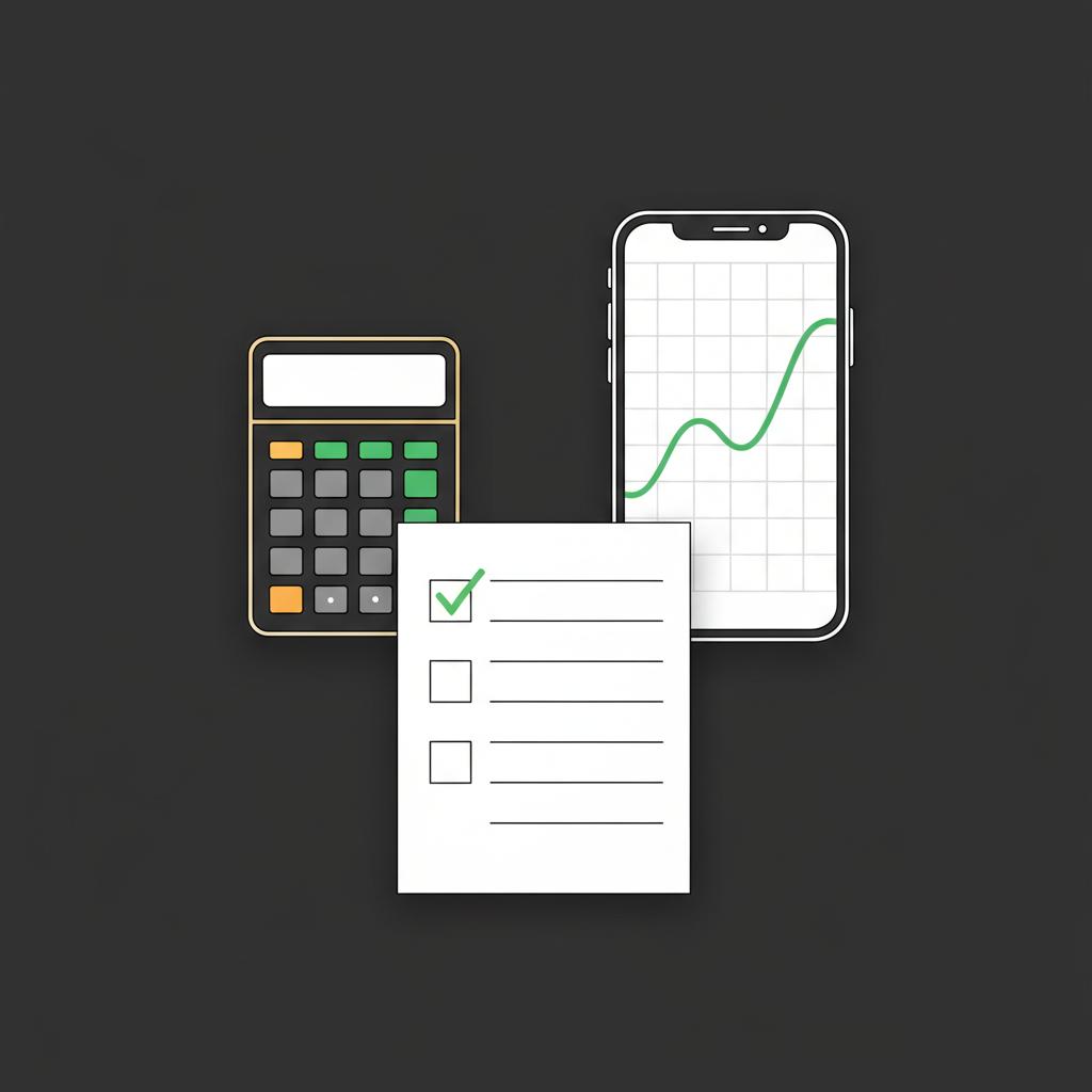 Minimalist 2D vector tidy desktop with calculator smartphone showing a simplified crypto price chart and a blank checked checklist how much is $500 in crypto
