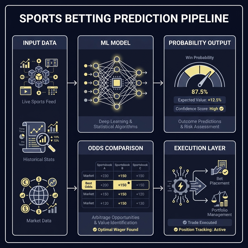 Minimal diagram showing a sports betting bot prediction pipeline from input data to ML model probability output odds comparison and execution layer on Funded Plays dark branded background
