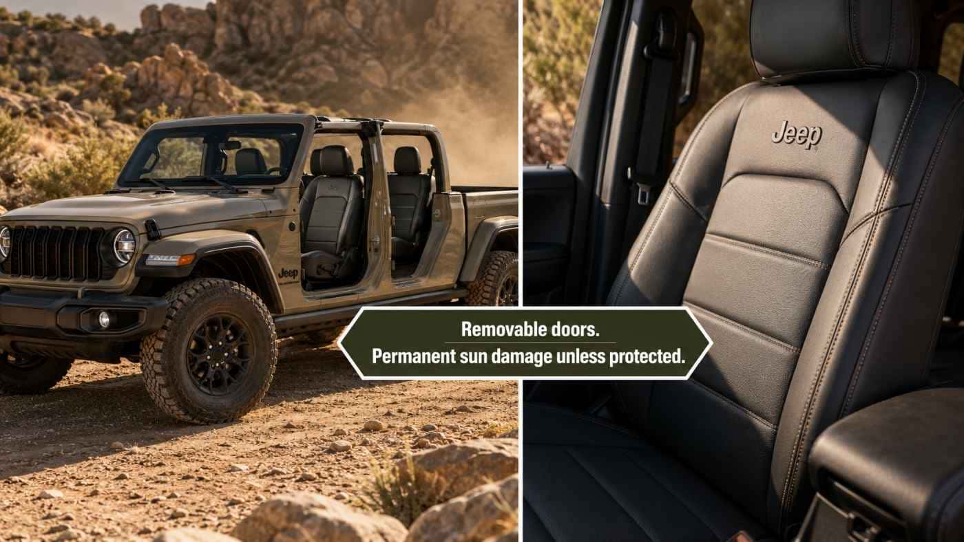 Jeep Gladiator with doors removed beside close-up of leather seat, warning buyers to protect interiors from sun damage.