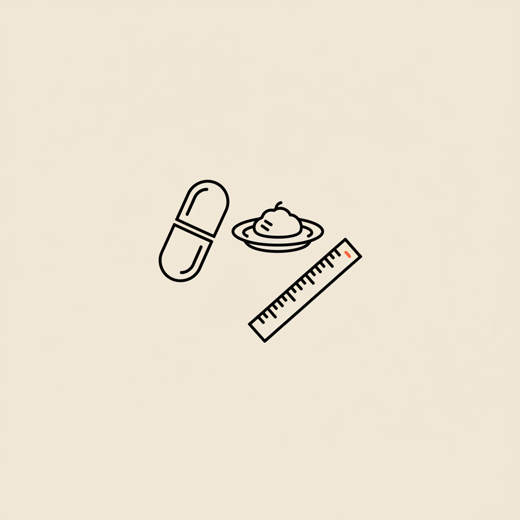 Minimalist vector line illustration of a capsule, small plate serving and ruler measuring waist concept for creatine belly fat on beige background.