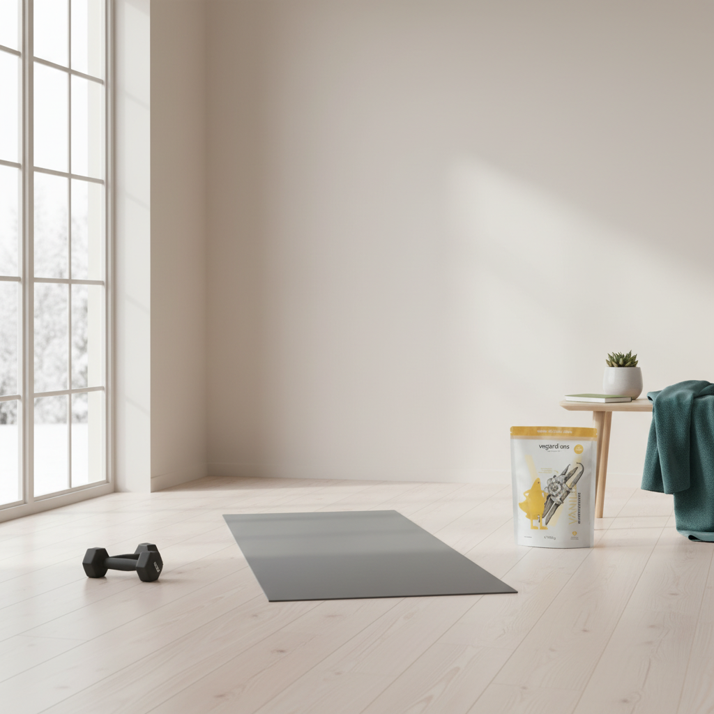 Minimalistische Heimtrainings-Ecke mit Yogamatte, Kurzhanteln und geschlossenem Trainingsplan im skandinavischen Stil, winterliches Licht – anabole diät