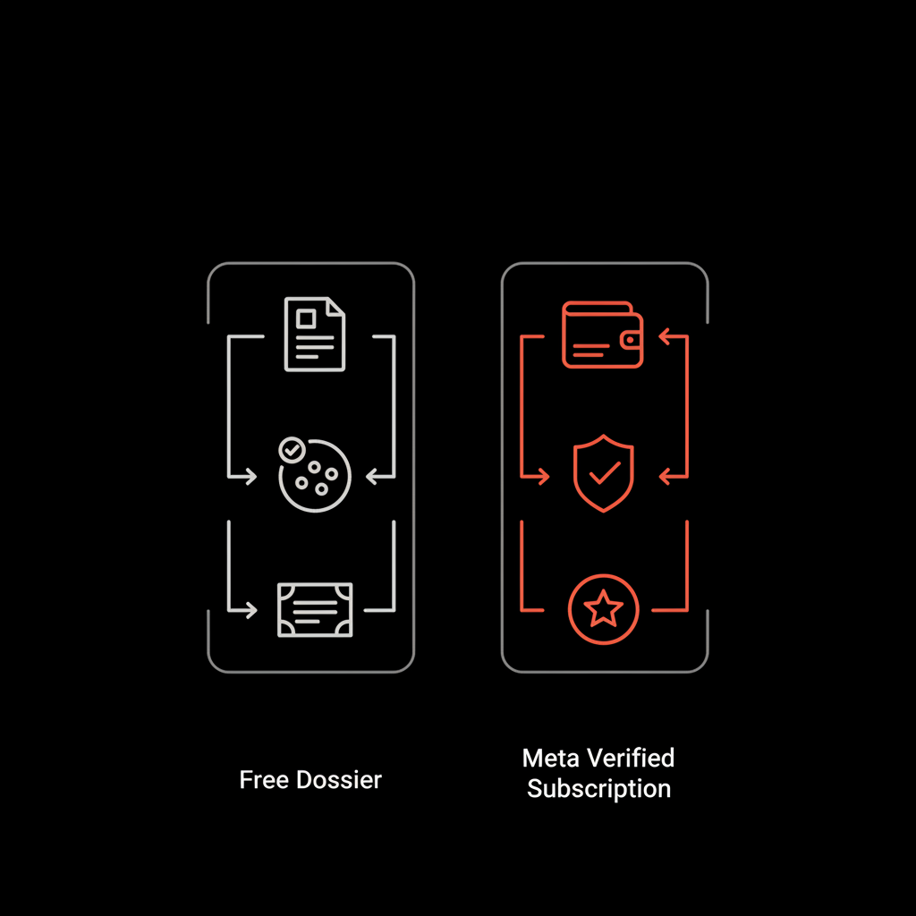 Minimal vector infographic comparing two Instagram verification routes—free dossier vs Meta Verified subscription—in black and brand colors. can i get a blue tick on instagram for free