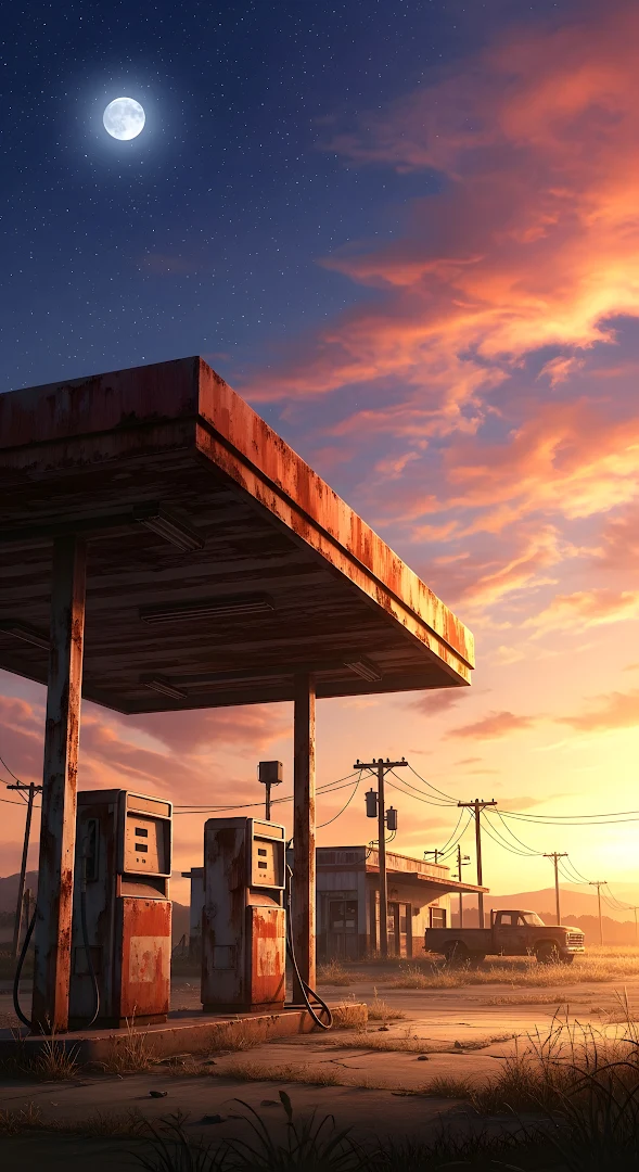 Rusty Abandoned Gas Station Under Twilight Sky and Moon