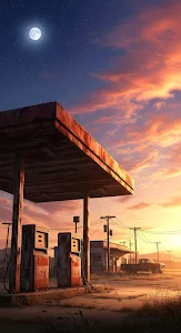 Rusty Abandoned Gas Station Under Twilight Sky and Moon