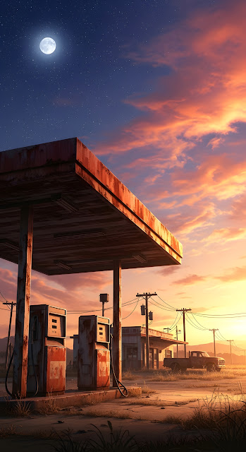 Rusty Abandoned Gas Station Under Twilight Sky and Moon - Free mobile Wallpaper