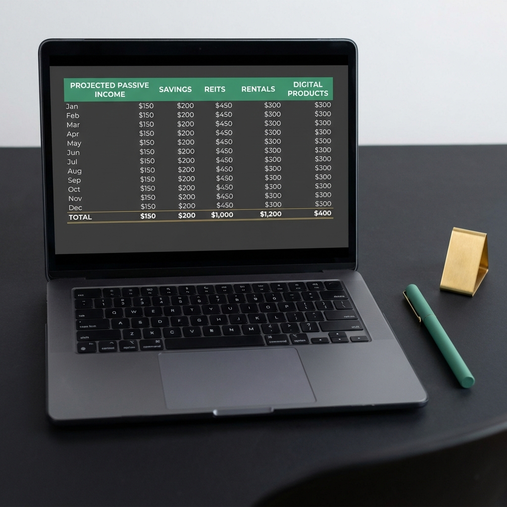 Close up flatlay of laptop spreadsheet showing projected passive income columns savings REITs rentals digital products with green accent pen and gold object most profitable passive income