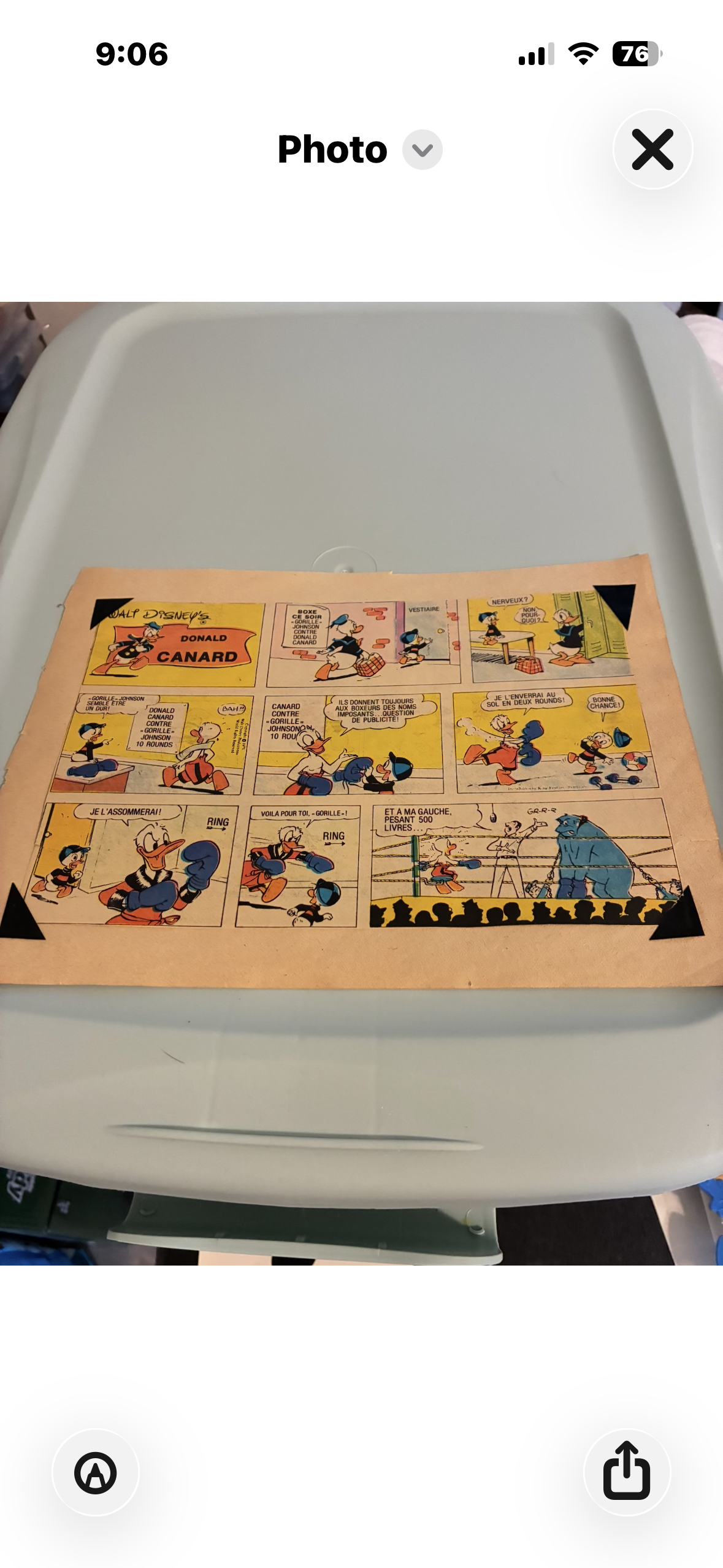 Vintage French Donald Duck comic strip "Boxe Ce Soir," four-color newsprint, 10x14 inches, Al Taliaferro artwork, circa 1945–1955, mounted with black corner tabs