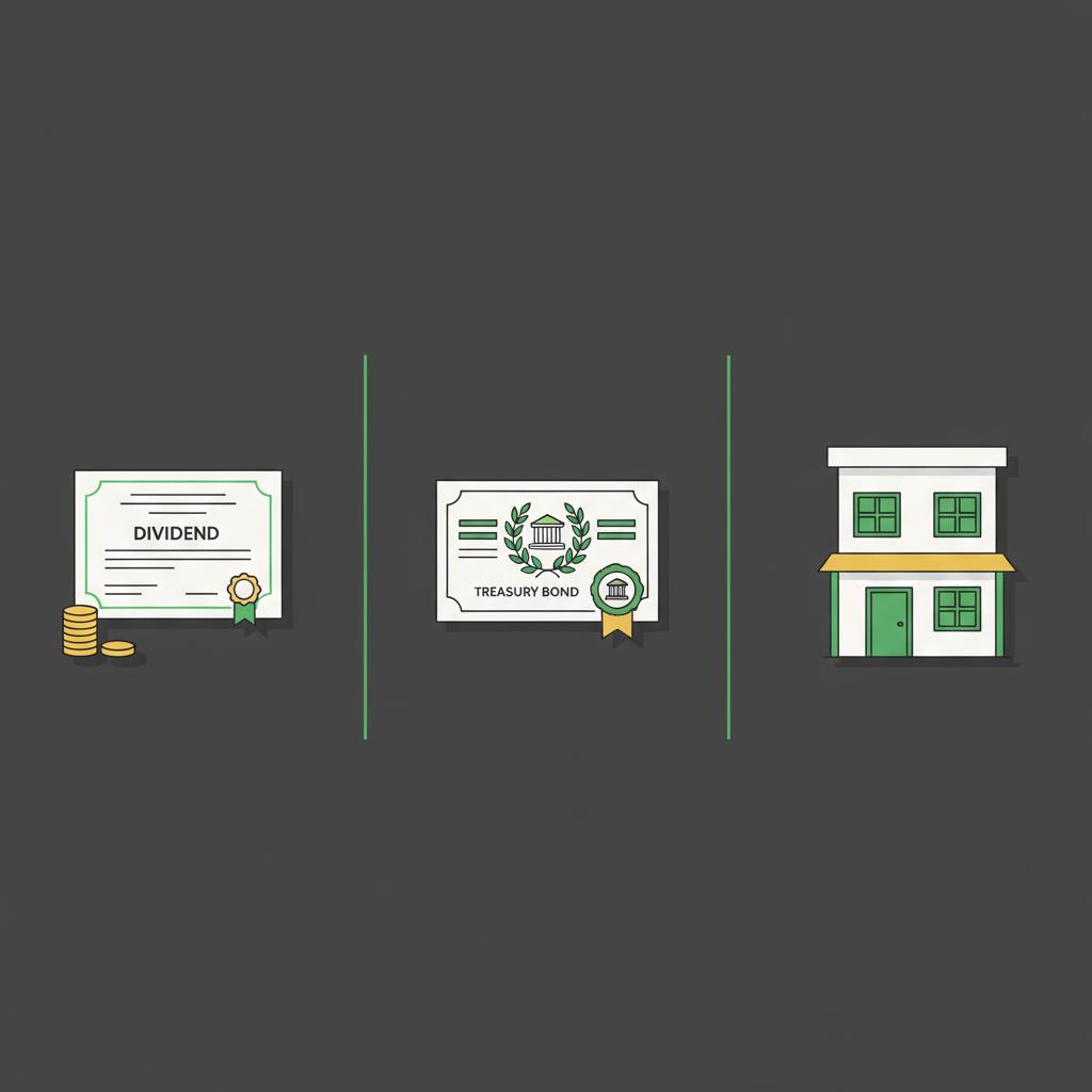 Minimalist split 2D vector showing dividend certificate treasury bond and small rental property exterior as three income sources how do i start investing