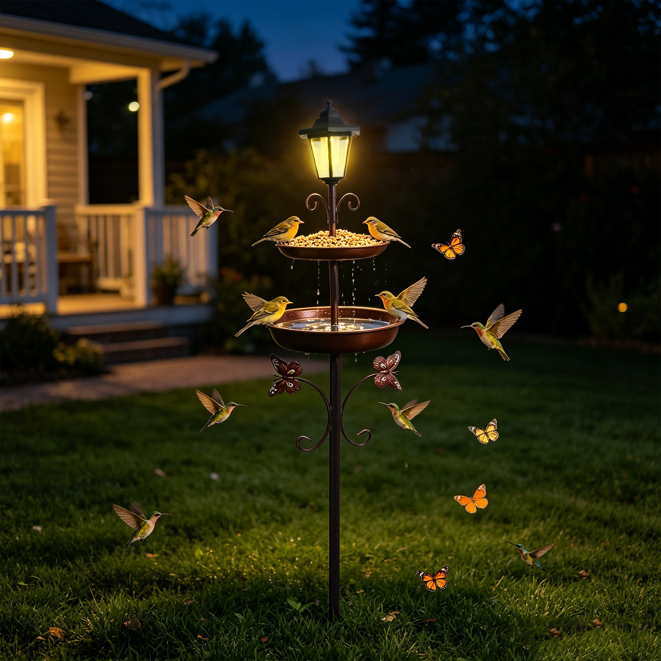 Solar Bird Bath and Feeding Station Made of Iron