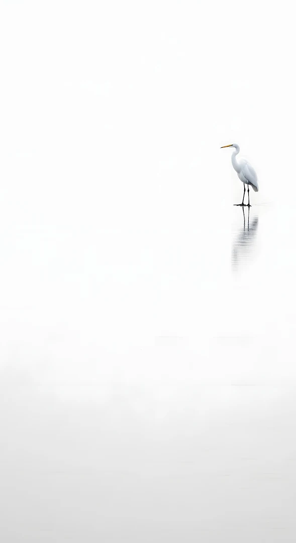 Minimalist Great Egret on Reflective White Surface