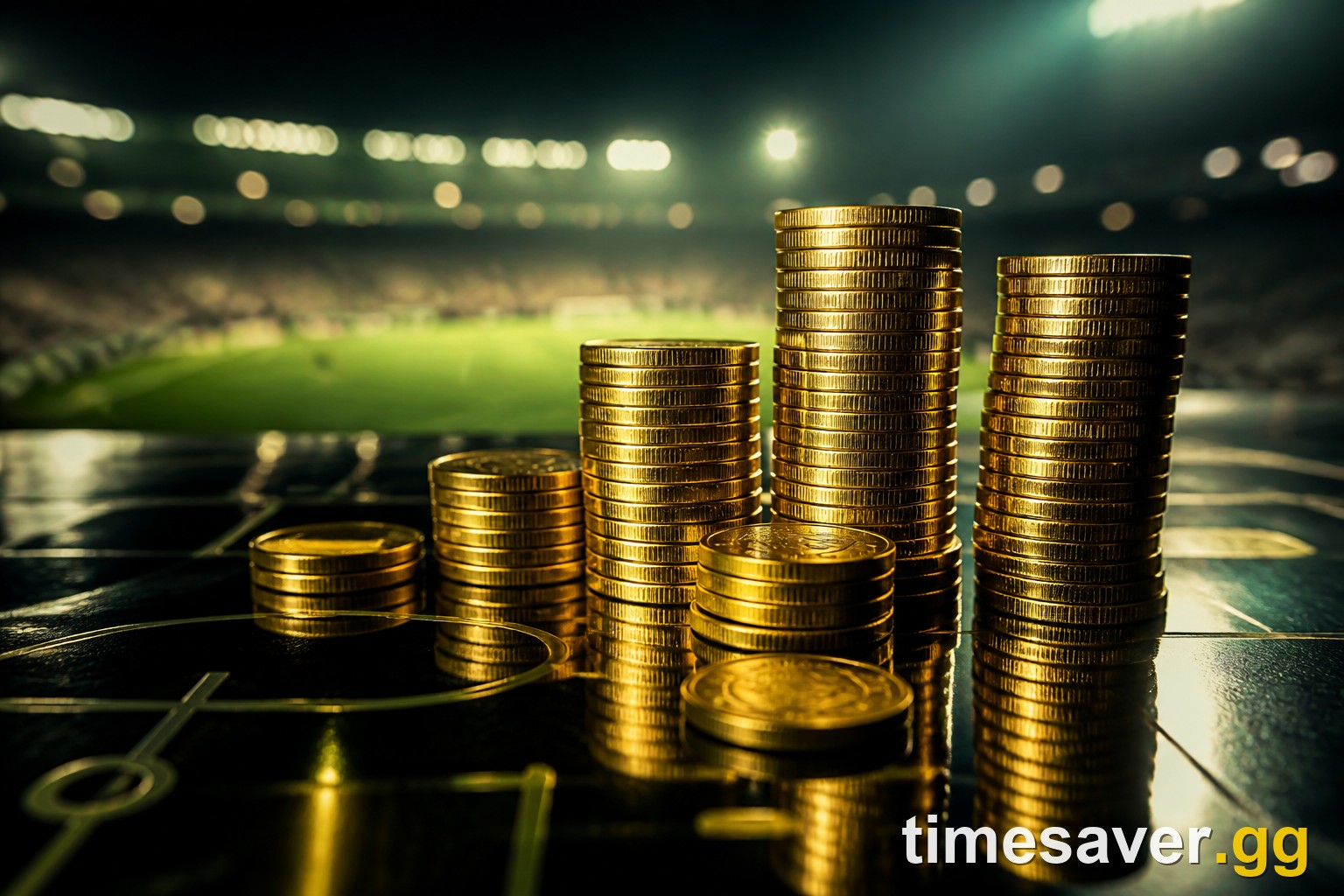 Stacks of gold coins with football stadium lights in the background — FC 27 Ultimate Team coin economy