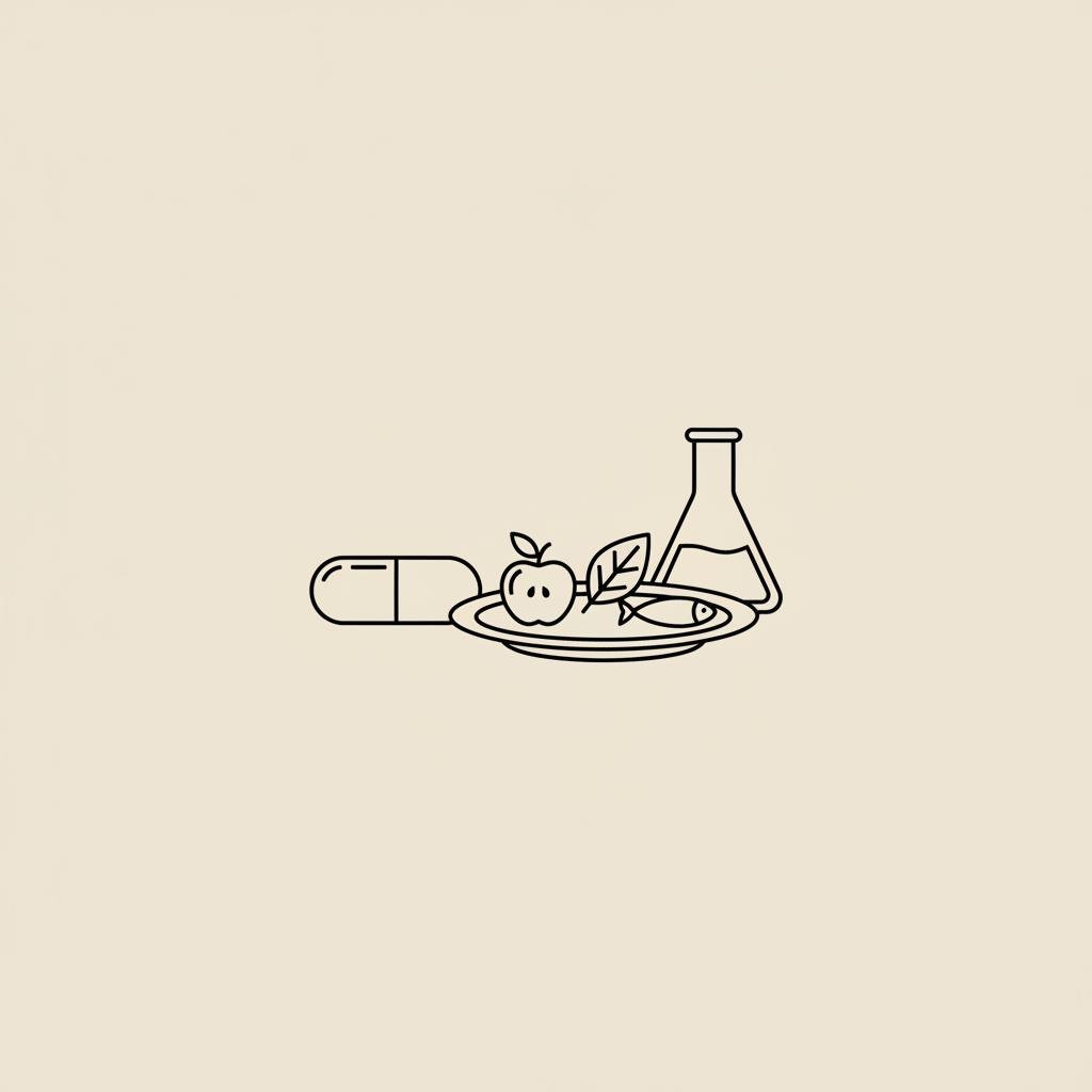 Minimal Tonum-style line illustration of a capsule beside a plate with simple food icons and a lab flask on beige background for best safe weight loss pills