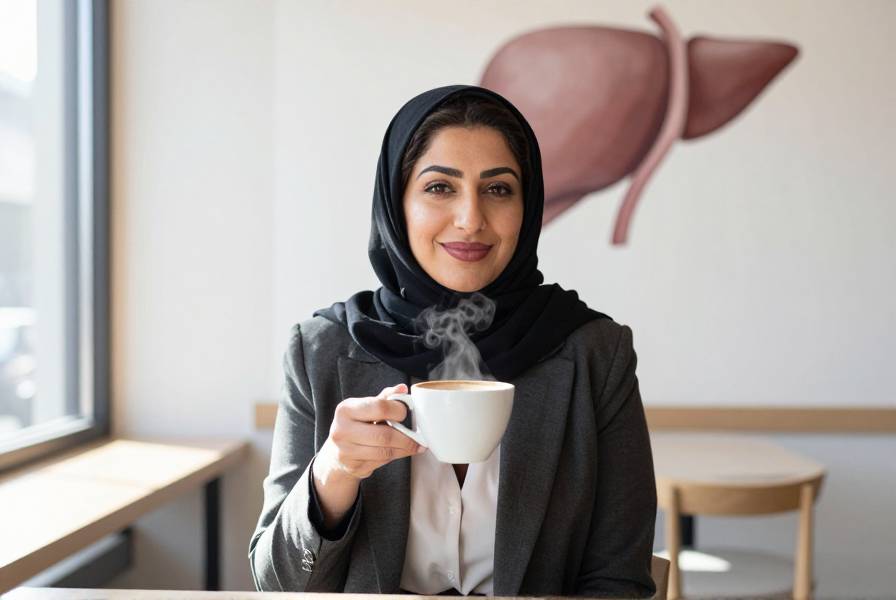 امرأة عربية تستمتع بالقهوة في مقهى حديث مع رسم كبد صحي في الخلفية.
