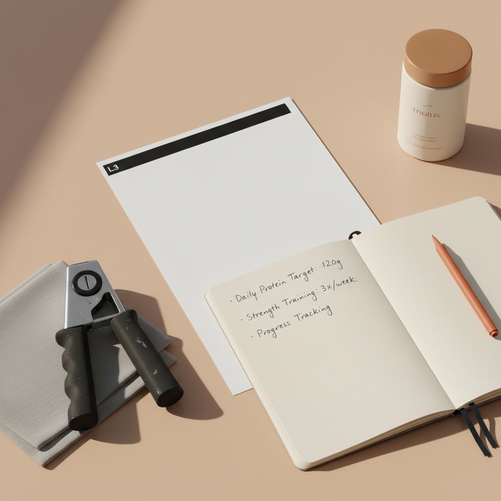 Clinic table with handgrip dynamometer, CT film labeled L3, beige notebook on protein targets and a small Motus bottle for muscle wasting liver disease, minimalist Tonum styling.