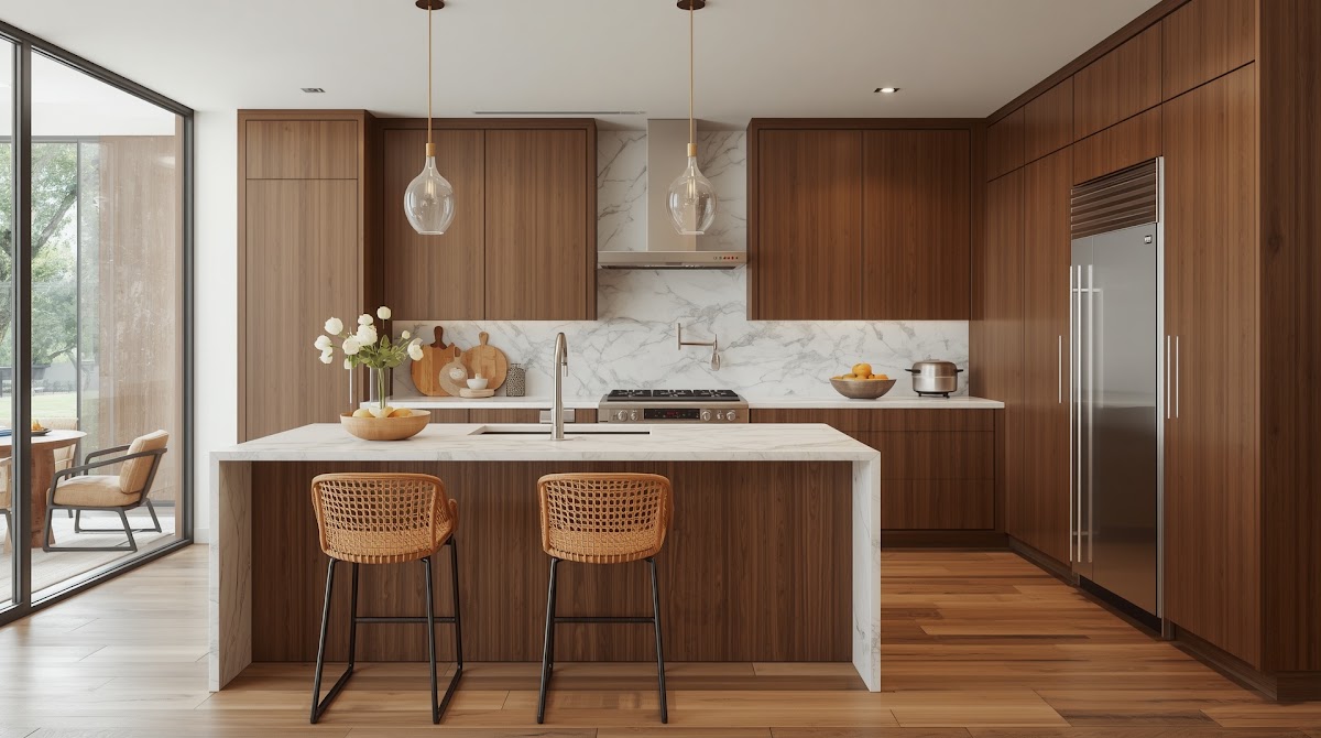 How to Mix Chrome Kitchen Decor With Warm Wood Cabinets - chrome furniture balanced with walnut oak and layered textiles