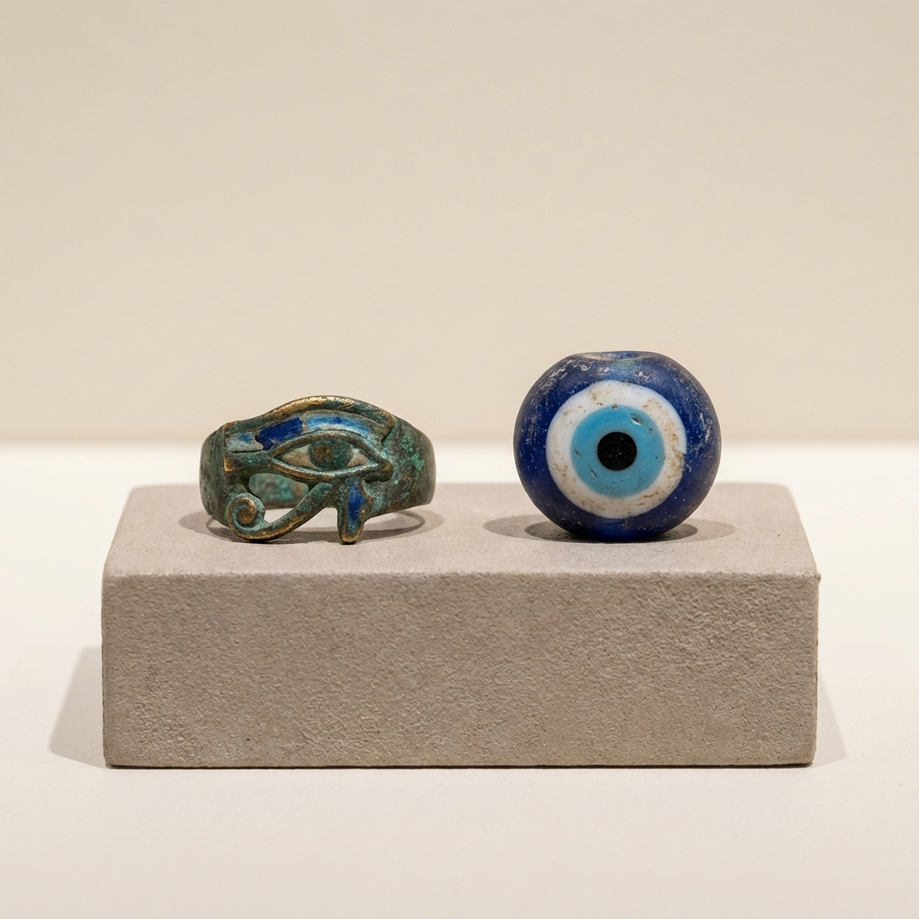 Museum style photo showing an eye of ra ring amulet beside a Mediterranean nazar bead on a pale beige background for direct visual comparison
