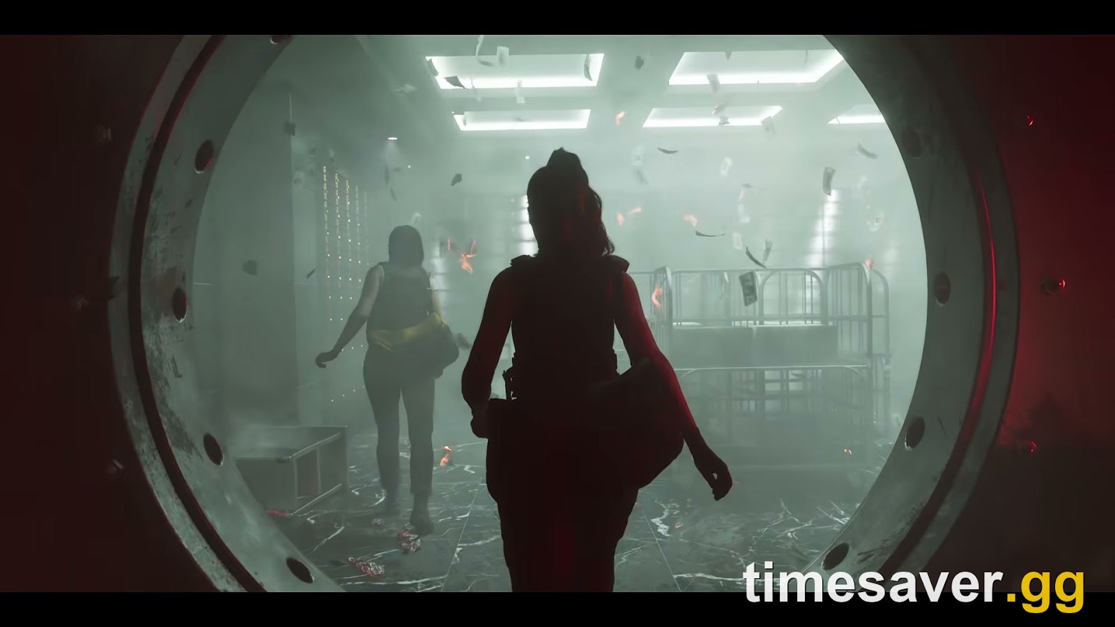 Lucia walking through a round bank vault door in the GTA 6 Launch Trailer