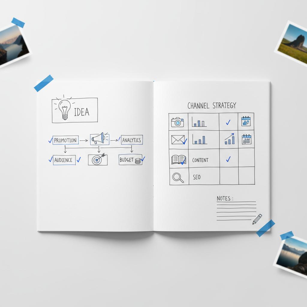 Notebook close-up with hand-drawn lead-qualification checklist showing boxes for address, photos, budget, timeline and taped photo thumbnails, minimal white layout, benefits of Angi