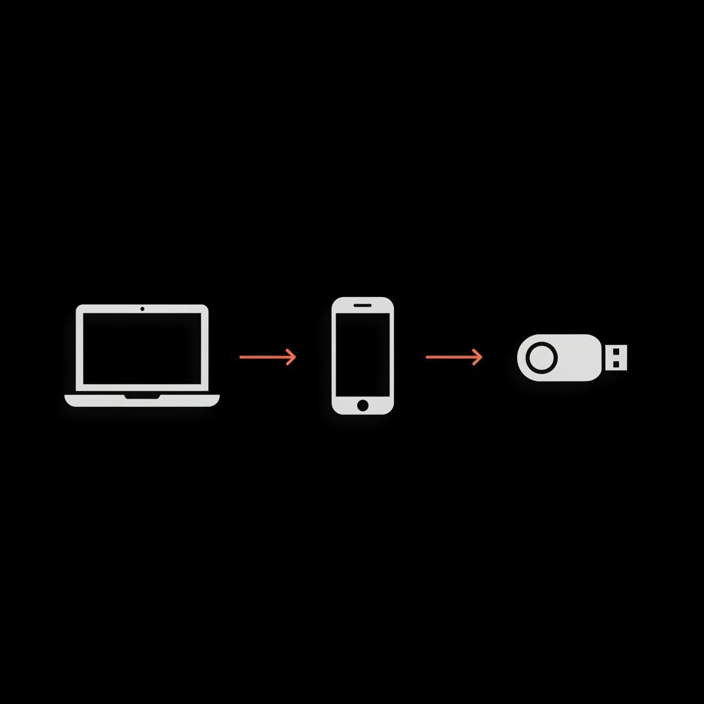 Minimal vector infographic of a laptop, smartphone and hardware security key linked by accent arrows on a black background illustrating Google account recovery flow.