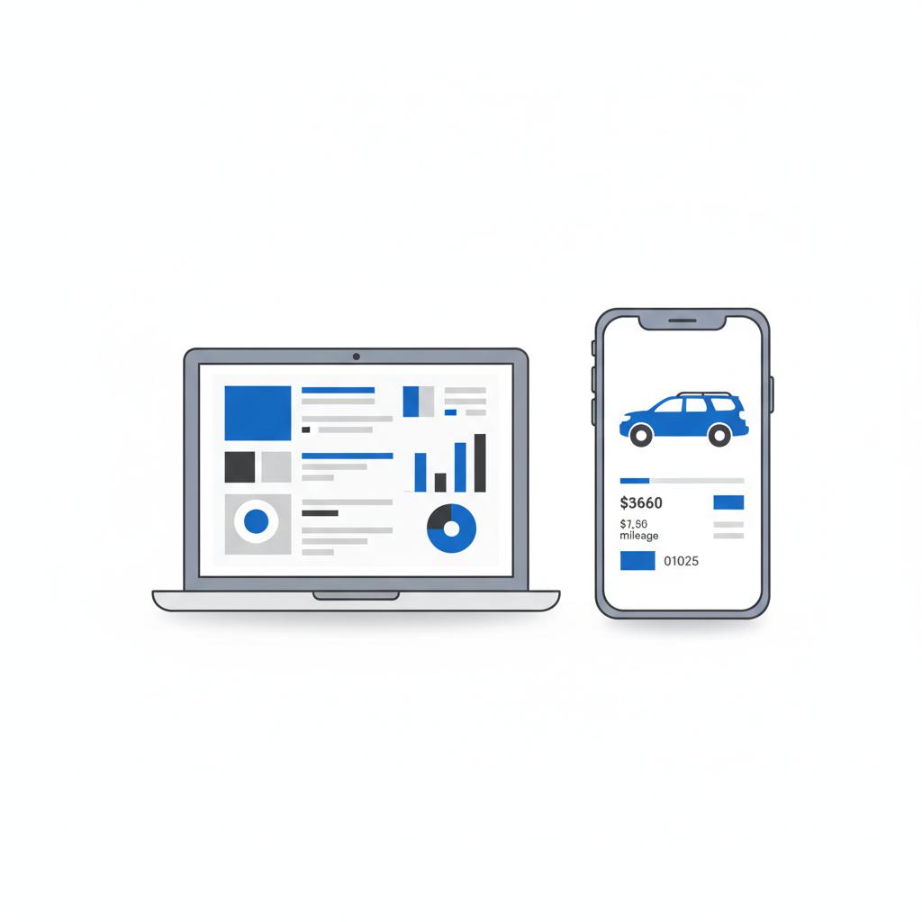 Minimalist 2D vector of a laptop showing a VIN vehicle history report beside a phone listing for toyota sequoia for sale in CarFax Deals blue and white