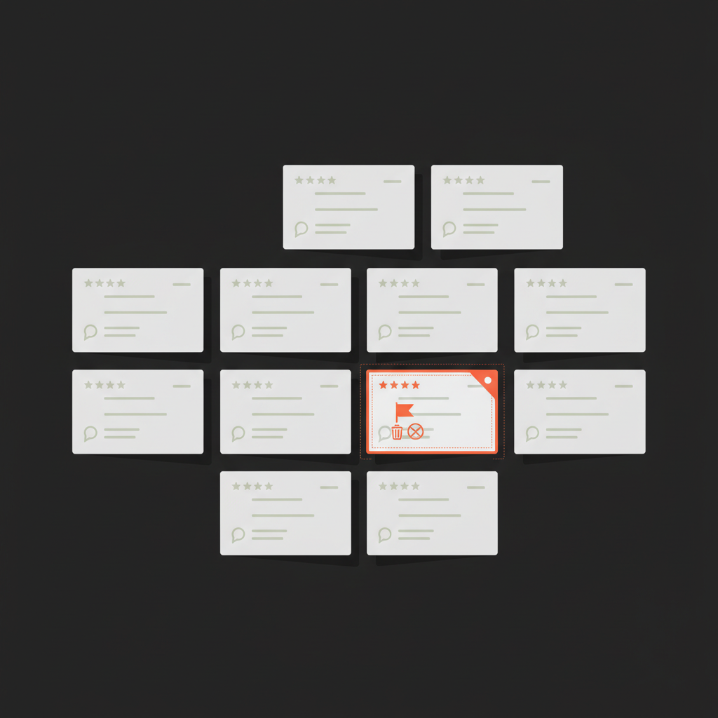Close-up 2D vector dashboard with review cards and a highlighted flagged card in brand colors to illustrate remove Google review process, minimal icons, no text.