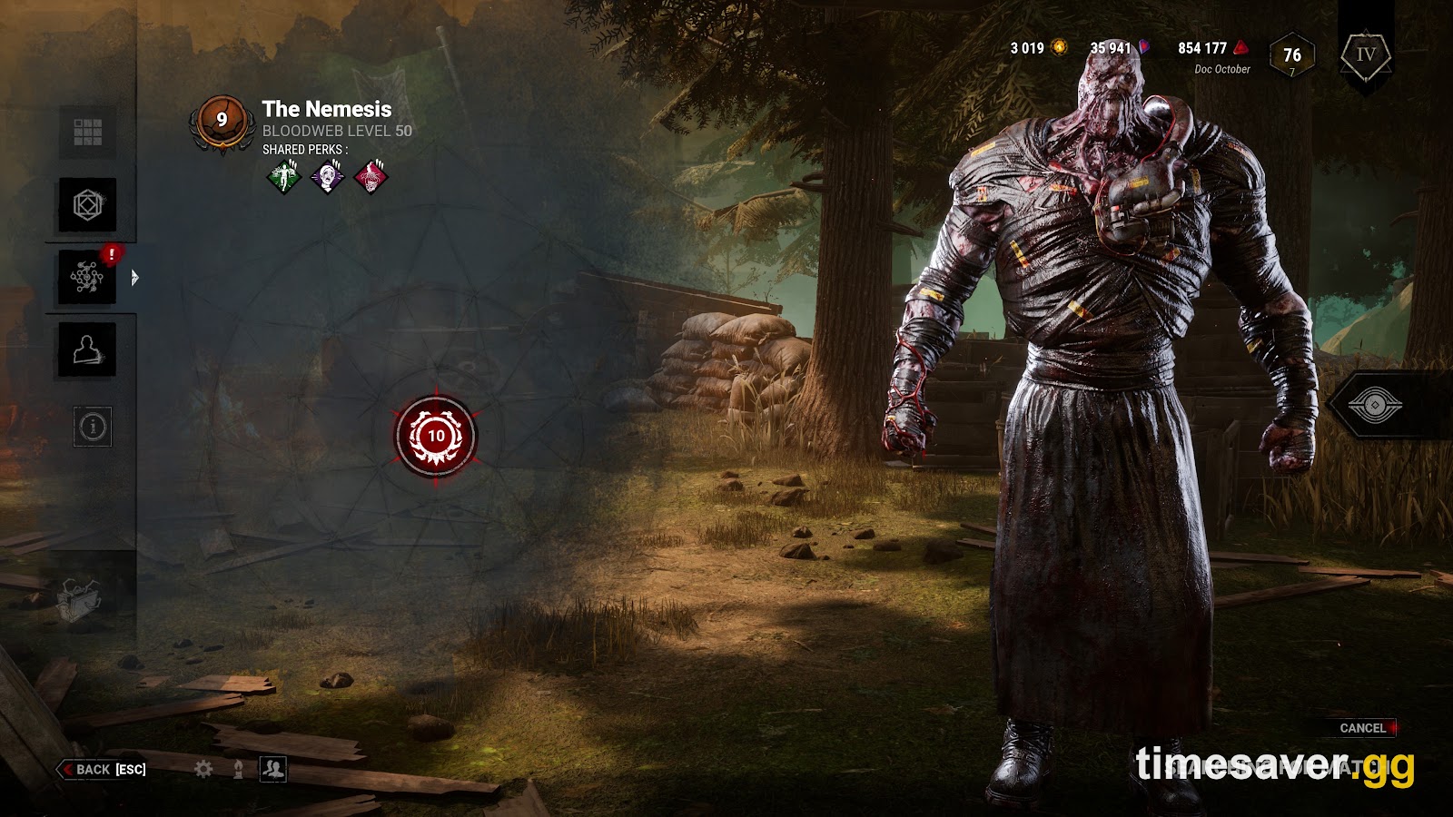 Dead by Daylight Bloodweb Level 50 prestige node on The Nemesis with the Bloodpoint counter visible in the HUD