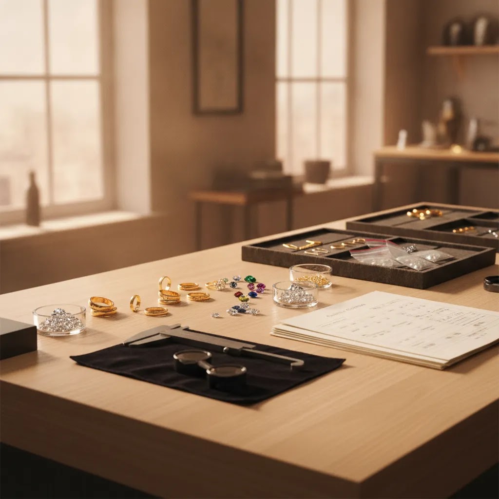 Royi Sals ethical manufacturing commitments shown through a premium jewelry manufacturing studio with diamonds, rings, and quality control tools