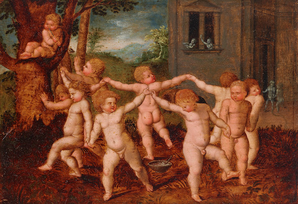 Putti dancing in a landscape a villa in the background ca 1600