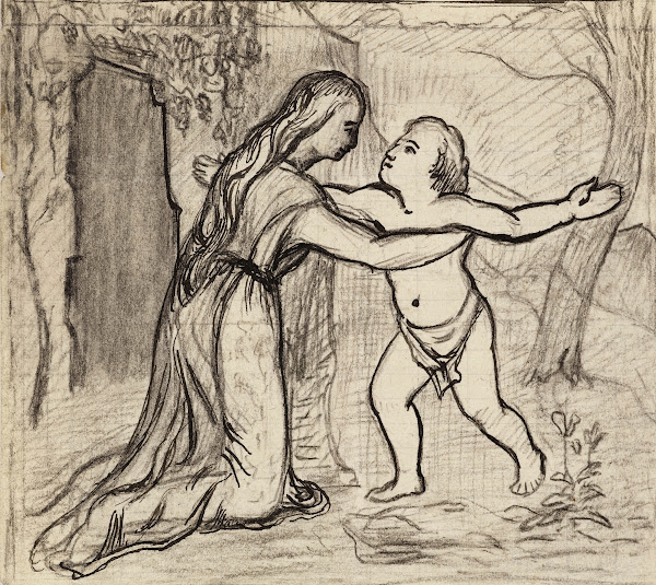 Femme agenouillée devant un enfant dans un paysage