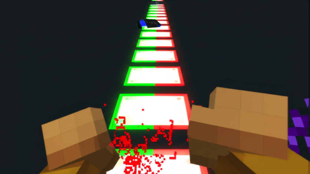 A chaotic scene in the Minecraft rhythm game, with explosions and particle effects signifying a massive failure.