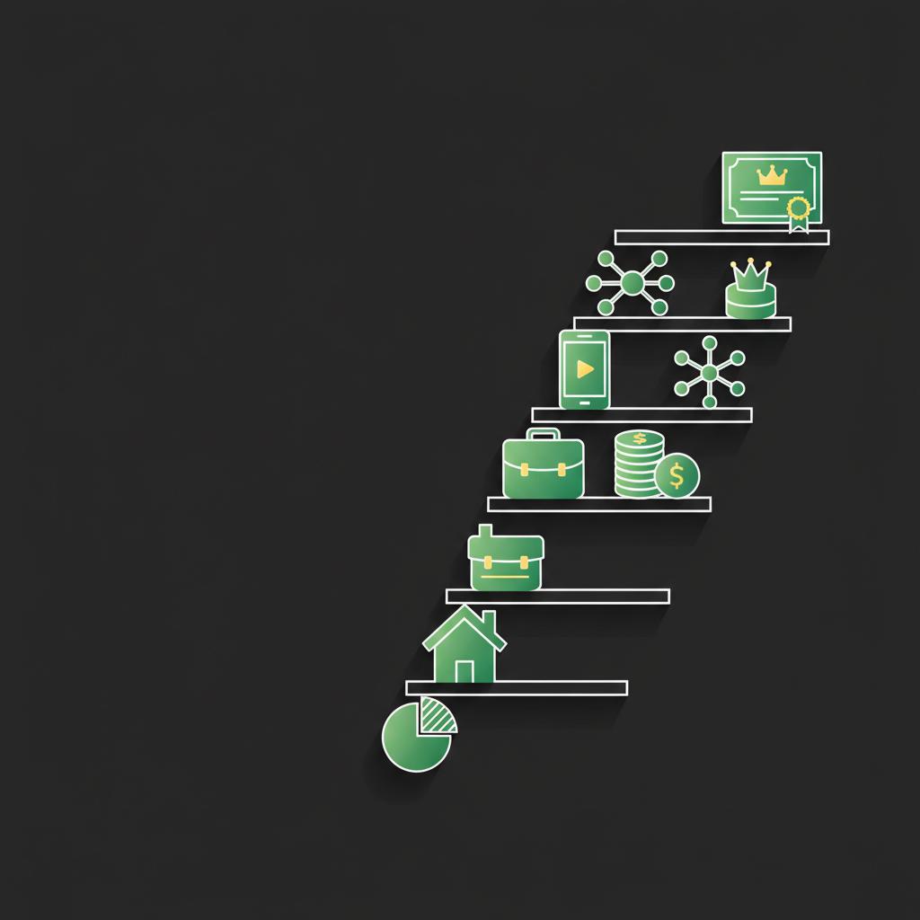Minimal vector illustration of a growth ladder with seven icon rungs representing 7 streams of income in Finance Police brand colors on a dark background