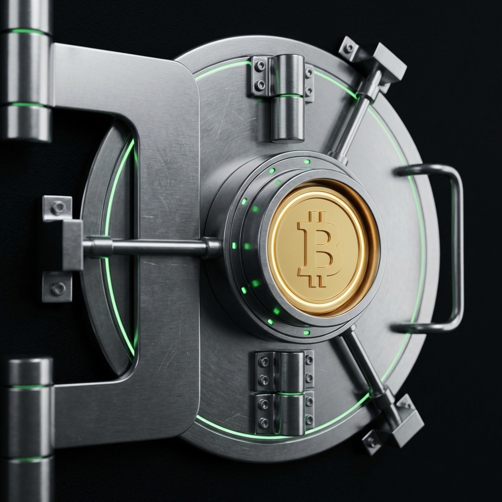 Photorealistic close up of a cold storage vault door with a simplified Bitcoin token icon and green and gold Finance Police brand accents on a deep black background conveying crypto security