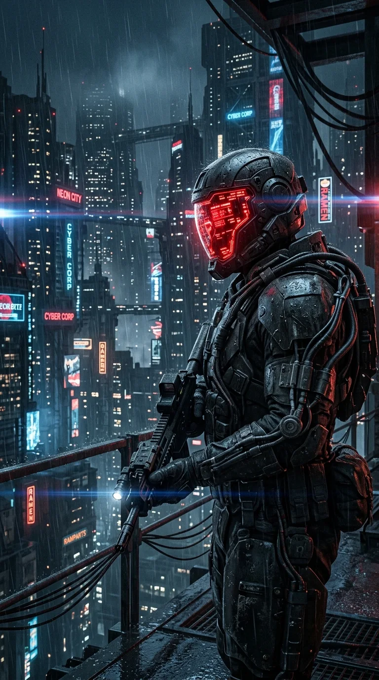 Cybernetic Soldier Overlooking a Dystopian Neon Cityscape - Free 4K mobile Wallpaper