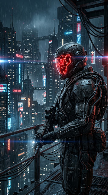 Cybernetic Soldier Overlooking a Dystopian Neon Cityscape - Free mobile Wallpaper