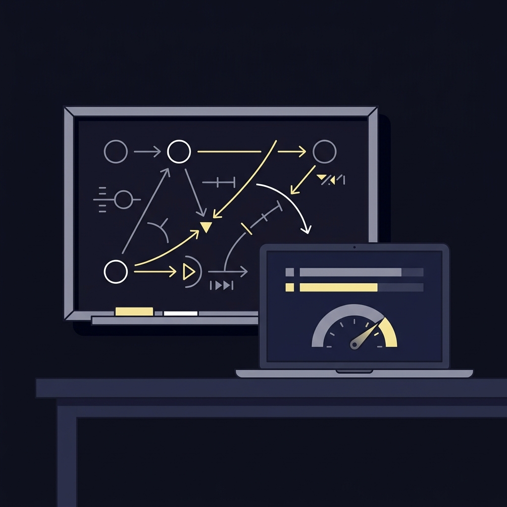 Minimalist 2D vector of a coach whiteboard with tempo marks and a laptop pace dashboard illustrating How Tempo Affects College Football Totals on a dark Funded Plays style background