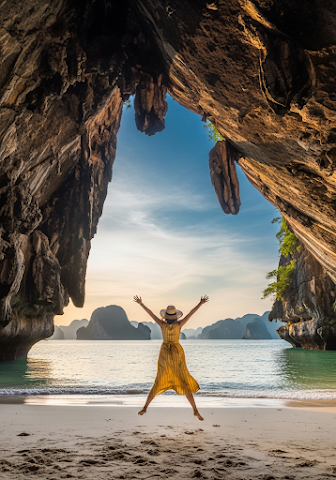 Woman Jumping Cave Railay Beach