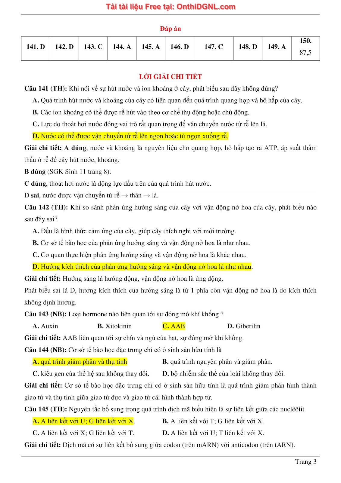 150 bài tập môn Sinh học - Ôn thi ĐGNL ĐHQG HN Phần 7