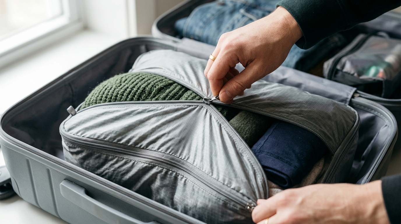 Close-up of hands zipping down a translucent ripstop nylon compression packing cube holding a thick green knit sweater inside a carry-on suitcase