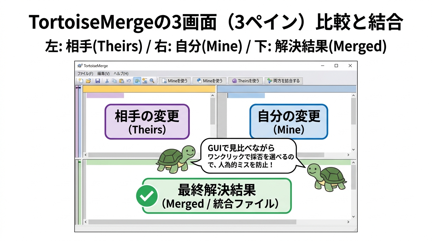 TortoiseMergeの3画面（3ペイン）比較と結合