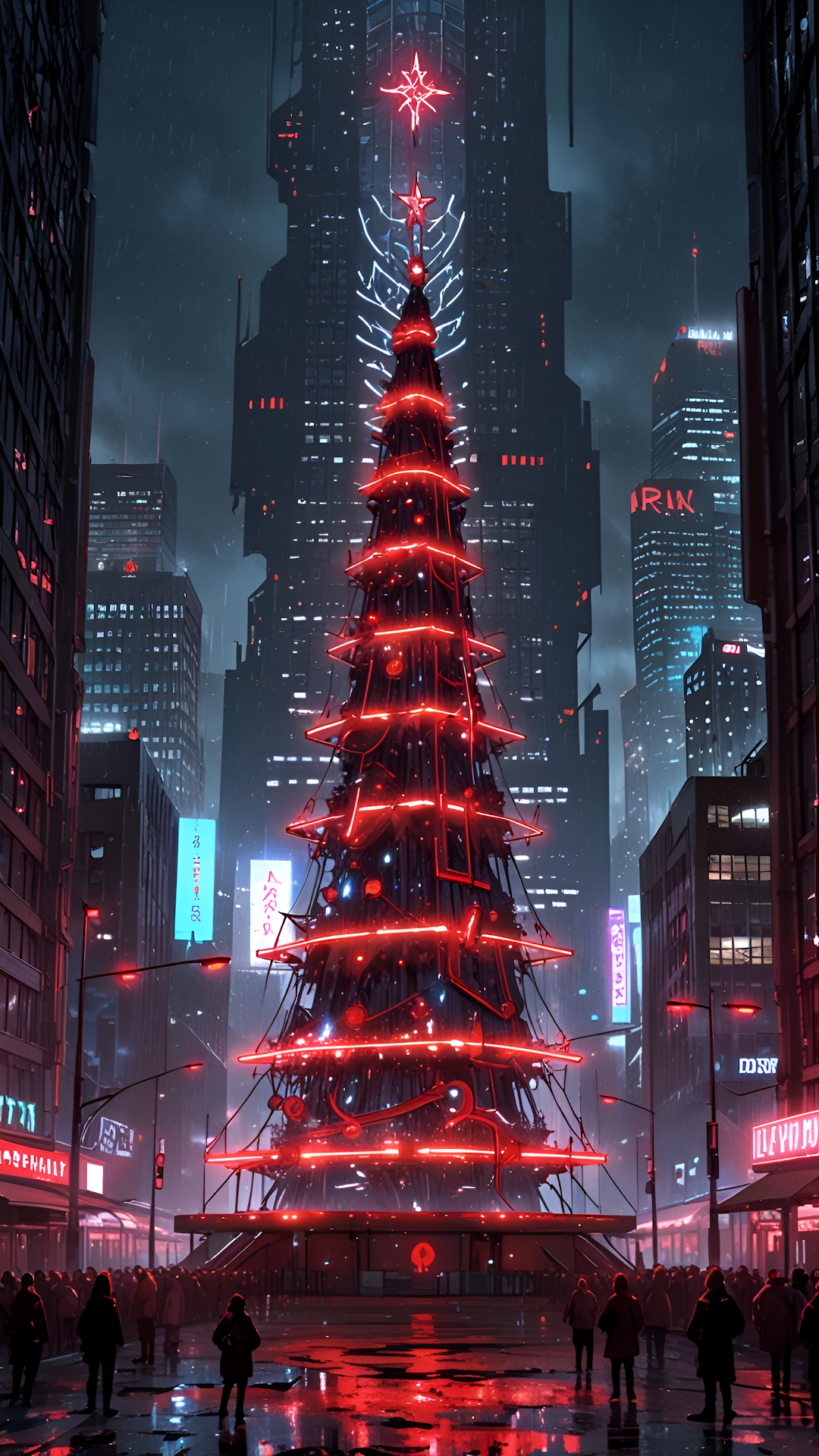 Cyberpunk City Neon Red Christmas Tree Night Scene - Free 4K mobile Wallpaper