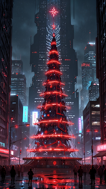 Cyberpunk City Neon Red Christmas Tree Night Scene - Free mobile Wallpaper