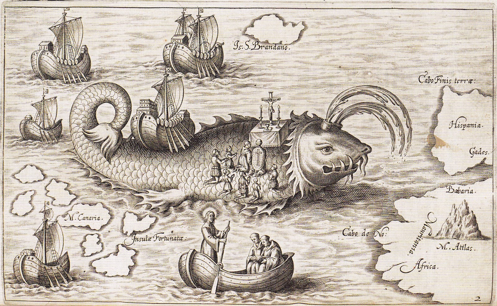 Monochrome pencil sketch of whale depiction from Renaissance era