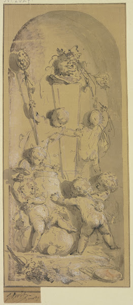 Amoretten schmücken in einer Nische eine Panstatue