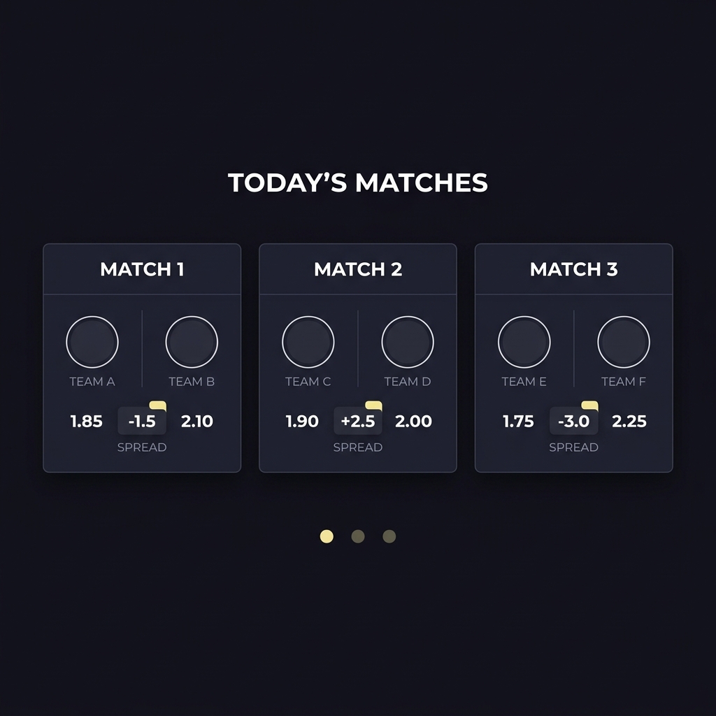 Minimalist Funded Plays sports betting UI showing nfl picks line odds panel on dark background with three clean match cards and subtle accent highlights